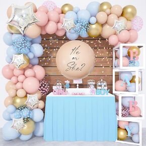 Amandir 164PCS Gender Reveal Baby Boxes Balloon Decorations, Gender Reveal Balloon Garland Kit 4pcs Baby Boxes with Letters (A-Z+Baby) for Baby Shower Birthday He or She Gender Reveal Party Supplies