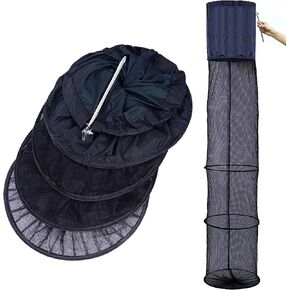 Collapsible Fishing Cage Basket 4 Layers Nylon Fish Baskets Fish Keeping Net with Anchor Bolt for Crab,Shrimp,Crawfish,Minnows(Black, 67X13 in)