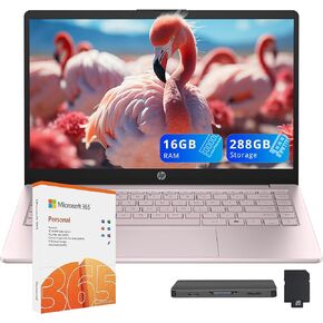 HP Stream 14" HD Anti-Glare Laptop, Intel Processor N150, 16GB RAM, 288GB Storage (128GB SSD+160GB Docking Station Set),1 Year Office 365, Webcam, Wi-Fi 6, Long Battery Life, Copilot, Win 11 S, Gold