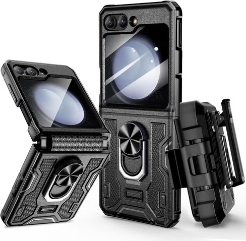 VEGO for Galaxy Z Flip 6 Case, 360° Rotatable Ring Kickstand & Belt Clip Holster & Tempered Glass Camera Screen Protector & Hinge Protection, Shockproof Case for Samsung Flip 6 5G - Black in Saudi Arabia