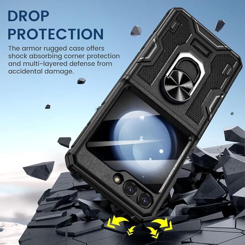 VEGO for Galaxy Z Flip 6 Case, 360° Rotatable Ring Kickstand & Belt Clip Holster & Tempered Glass Camera Screen Protector & Hinge Protection, Shockproof Case for Samsung Flip 6 5G - Black in Saudi Arabia