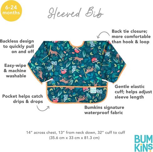 Bumkins Sleeved Bib for Girl or Boy, Baby and Toddler for 6-24 Mos, Essential Must Have for Eating, Feeding, Baby Led Weaning Supplies, Long Sleeve Mess Saving Food Catcher, Soft Fabric, Palm Trees in Kuwait