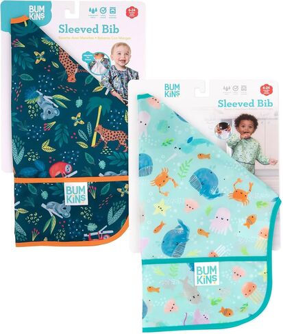 Bumkins Sleeved Bib for Girl or Boy, Baby and Toddler for 6-24 Mos, Essential Must Have for Eating, Feeding, Baby Led Weaning Supplies, Long Sleeve Mess Saving Food Catcher, Soft Fabric, Palm Trees in Kuwait