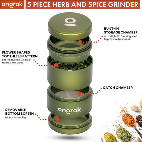ONGROK 5 Piece Toothless Spice Grinder with Built-In Storage Chamber | 2.5 Inch Manual Spice Mill | Durable Aluminum Construction | Flower Petal Toothless Design for Fine Grind (Green) in Saudi Arabia
