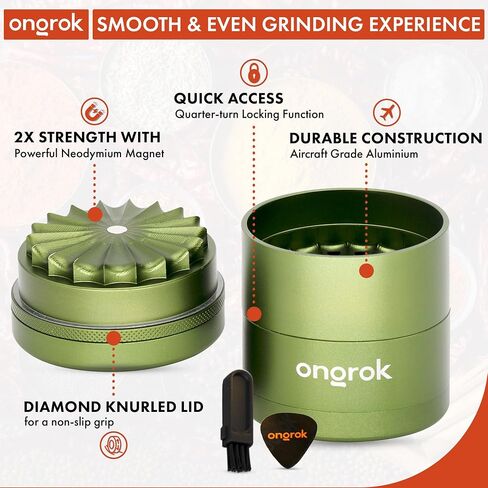 ONGROK 5 Piece Toothless Spice Grinder with Built-In Storage Chamber | 2.5 Inch Manual Spice Mill | Durable Aluminum Construction | Flower Petal Toothless Design for Fine Grind (Green) in Saudi Arabia