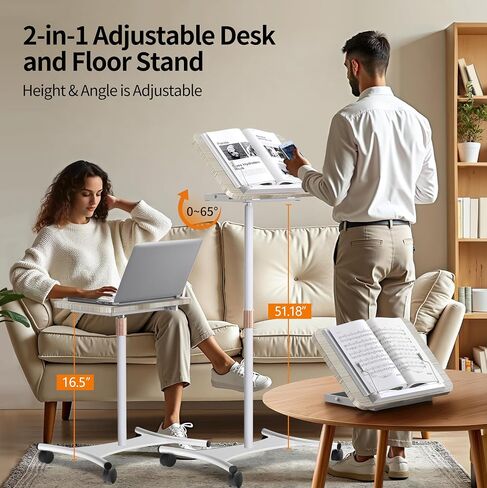 Rolling Laptop Stand, 2 in 1 Dual-use Floor & Desktop, Adjustable Height from 16.5" to 51", with 4 Lockable Casters, Small Mobile Standing Desk Perfect for Home, Office, Meeting Room, Study (White-N) in Saudi Arabia