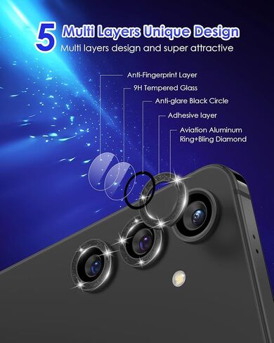 Compatible for Galaxy S25 Camera Lens Protector Glitter Individual Aluminium Alloy Ring 9H Tempered Glass Bling Camera Cover for Samsung Galaxy S25 Glitter Colorful in Kuwait