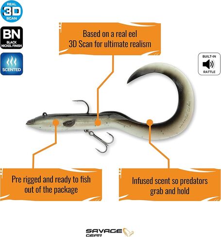 Savage Gear Real EEL Pre-Rigged Fishing Bait, 1 1/3 oz, Olive Brown Pearl, Realistic Contours & Movement, Durable Construction, Dual Hook Configuration, Available in 3 Sizes (8"-16") in Saudi Arabia
