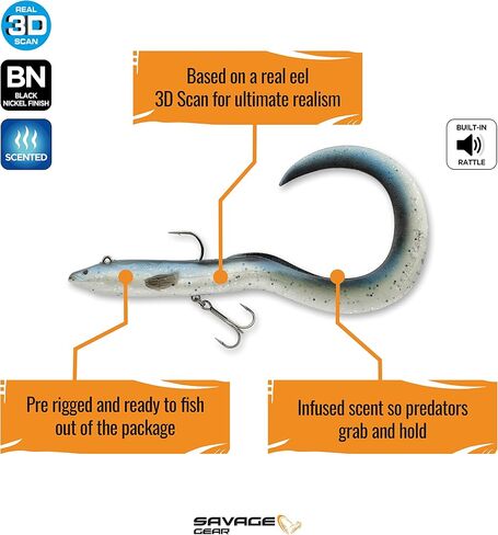 Savage Gear Real EEL Pre-Rigged Fishing Bait, 1 1/3 oz, Olive Brown Pearl, Realistic Contours & Movement, Durable Construction, Dual Hook Configuration, Available in 3 Sizes (8"-16") in Saudi Arabia