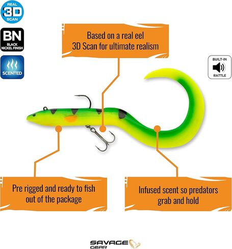 Savage Gear Real EEL Pre-Rigged Fishing Bait, 1 1/3 oz, Olive Brown Pearl, Realistic Contours & Movement, Durable Construction, Dual Hook Configuration, Available in 3 Sizes (8"-16") in Saudi Arabia