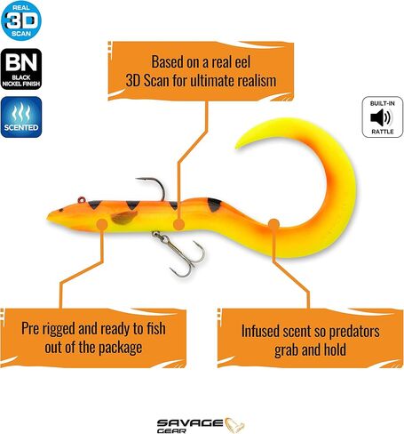 Savage Gear Real EEL Pre-Rigged Fishing Bait, 1 1/3 oz, Olive Brown Pearl, Realistic Contours & Movement, Durable Construction, Dual Hook Configuration, Available in 3 Sizes (8"-16") in Saudi Arabia