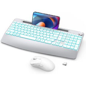Ergonomic Wireless Keyboard and Mouse with Wrist Rest，Phone Holder - 2.4GHz Full-Sized Low-Profile Quiet Wireless Mouse and Keyboard Combo for Computer, Laptop, PC, Mac-Grey