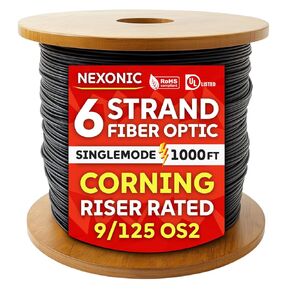 2 Strand Fiber Optic Cable Spool 1000 Feet - OS2 Singlemode 9/125 Micron, Riser Rated, Corning Glass, PVC Outer Jacket, Indoor/Outdoor Tight Buffered Fibre Optic Distribution Cable, Black