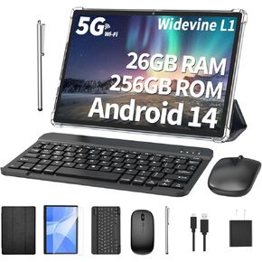 Android Tablet with Keyboard, 26GB RAM, 256GB ROM(1TB Expand), 10.1 inch Android 14 Tablet, 8000mAh Battery, BT 5.0, GMS Certified, 2.4G&5G WiFi, 2 in 1 Tablets with Mouse, Case, Stylus(Green)