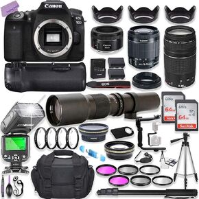 Canon EOS 90D DSLR Camera W/ 18-55mm ، 75-300mm ، 50 مم F/ 1.8 و 500 مم من العدسات المسبقة + ، ذاكرة 128 جيجابايت ، قبضة بطارية ، فلاش Speedlight (متجدد ، أسود)