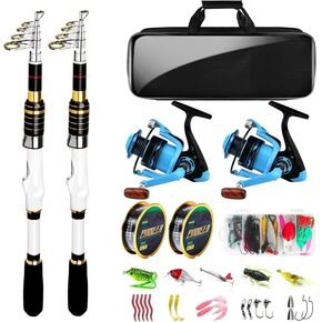 Telescopic Fishing Rod and Reel Combo, 2PACK 5.9 6.89FT Carbon Fiber Travel Rod, 2 Collapsible Spinning Reels, 2 100m Line, Carrier Bag and Carrier Bag Lures Kit for Adults Saltwater Freshwater