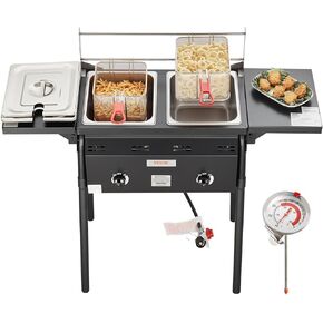 VEVOR Two-Tank Propane Deep Fryer, Commercial Deep Fryer, 16 Qt Stainless Steel Cooker with 2 Removable Baskets & Lids & Tanks, Oil Fryer Cart with Thermometer & Regulator, For Outdoor Cooking