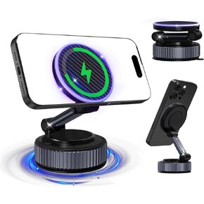 15W Magnetic Phone Charger Holder for Car - Upgraded 360° Vacuum Magnetic Phone Holder, Foldable Retractable Suction Cup Car Mount for Magsafe for Your Car/Gym/Mirror Mount for iPhone & Android