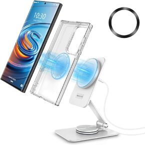Compatible with MagSafe Charger, 15W MagSafe Charger Stand, 360°Rotation Base Adjustable Foldable Wireless Charger for Samsung Galaxy S25 Ultra/iPhone 16 Pro Max, for Travel [Metal Ring Included]