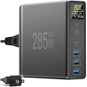 285W USB C Charger Block, YSYFAD 6 Ports Multiple USB Charging Station with Digital LCD Dispaly GaN Fast 100W USB C Charger for MacBook Laptops Multiport USB Charger for i Pad i Phone Samsung, Black