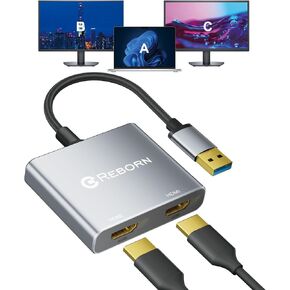 Reborn USB to HDMI Adapter, 1080P@60Hz USB 3.0 Male to Dual HDMI Female Multi-Display Cable Converter Suitable for MacOS, Windows 7/8/10/11 - Driver Installation is Required