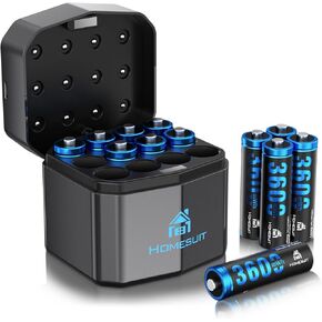 Homesuit Rechargeable Lithium AA Batteries with Charger 12 Bay, 1.5 Volt High Power 3600mWh Lithium Batteries AA Rechargeable, Li-ion Double A Battery 12 Pack Recharge up to 2000+ Cycles, Blue