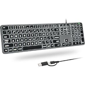 Large Print Backlit Keyboard for Mac, Dual Interface, Low Profile, Quiet Typing, Full Size Wired Computer Keyboards with Numeric Keypad Compatible with Apple MacBook Air/Pro, iMac, Mac