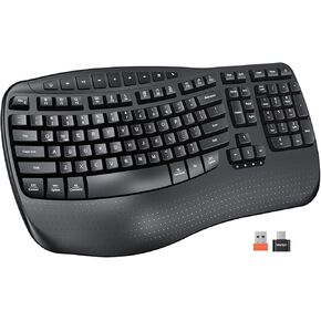 MEETION Wireless Ergonomic Keyboard, Wave Keys Wrist Rest Natural Typing Keyboard, 2.4G Cordless USB A and USB C Adapter, Wireless Computer Keyboard Compatible with Windows/Mac/PC/Laptop, Black