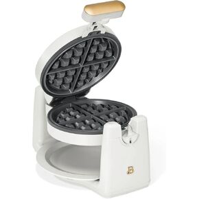 Beautiful Rotating Belgian Waffle Maker with 7 Browning Settings, Nonstick, Dishwasher-Safe Parts, 1000W Power, Foldable Handle for Easy Storage by Drew Barrymore (White Icing)