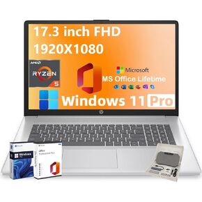 HP 17.3" FHD Laptop for Business & Students - w/External DVD Drive & Office Lifetime License, AMD Ryzen 5 7430U CPU, 250 Nits IPS Display, Webcam, Wifi6, Win 11 Pro (64GB RAM 2TB SSD)