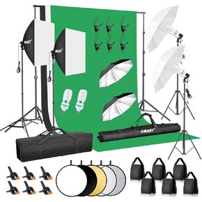 EMART 7 x 10 ft Backdrop Support System with Sand Bag, Photography Lighting Kit with 105W CFL Blub, Reflector, 6 * 9ft Backdrop, Umbrellas&Softbox Lighting Kit for Studio, Portrait, Video Shooting