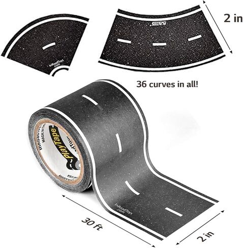 شريط ومنحنيات الطريق من بلاي تيب للسيارات اللعبة - لفة واحدة بطول 30 قدم × 2 انش. بلاك رود + لفة واحدة من 36 منحنى in Kuwait