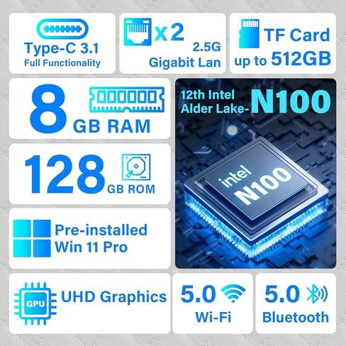 10.1 "Mini PC Win 11 Pro 12th Gen N100 8GB RAM/128GB ROM ، Micro Industrial Computer Touch Touchnen Tablets ، Dual R232 HDMI ، BT WiFi 5.0 ، Dual 2.5GBE Small Desktop PC للمكتب/الأتمتة/البار/المستودع in Kuwait