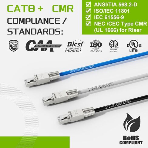 Syston Cat8 Ethernet Cable Patch 10ft Black ، 2000MHz 2GHz 40GB Solid Bare Copper S/FTP محمي ، 22/4 22 AWG 4 زوج CMR CL2R FT4 ، كابل شبكة LAN للداخلية/الخارجي POE PC المحمول المحمول in Kuwait