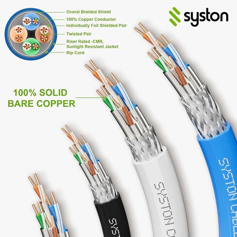 Syston Cat8 Ethernet Cable Patch 10ft Black ، 2000MHz 2GHz 40GB Solid Bare Copper S/FTP محمي ، 22/4 22 AWG 4 زوج CMR CL2R FT4 ، كابل شبكة LAN للداخلية/الخارجي POE PC المحمول المحمول in Kuwait
