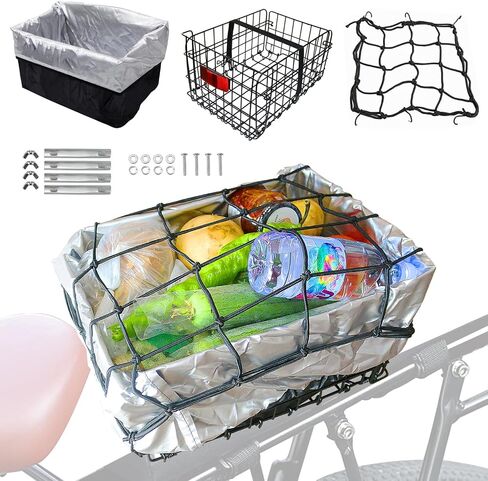 Folding Rear Bike Basket, Quickly Release Metal Bicycle Rack Cargo Basket with Strap & Reflective Tail Light for Most Mounted Bike Rack in Kuwait