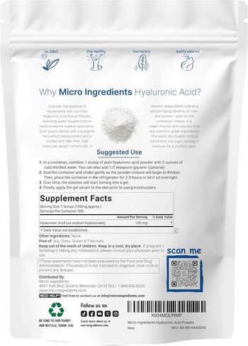 Hyaluronic Acid Serum Powder, High Molecular Weight, Cosmetics Grade, 30 Gram, Support Hydration and Moisture, Water Soluble (Within 2 Hours), Vegan Friendly in Kuwait