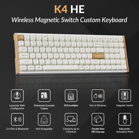 Keychron K4 HE 96% Wireless RGB Hall Effect Keyboard, Gateron Magnetic Switch, Analog Mode & Rapid Trigger, QMK/VIA, 2.4GHz/BT5.2/USB-C, Multitasker for Mac/Windows/Linux, Wood Accent Frame - Black in Saudi Arabia