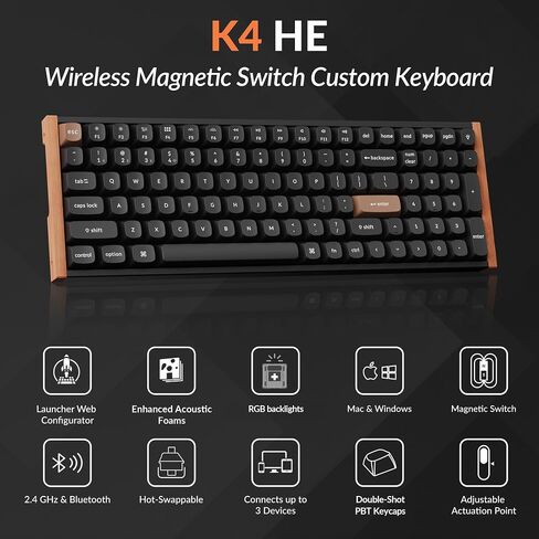 Keychron K4 HE 96 ٪ اللاسلكي RGB Hall Effect Effect ، المفتاح المغناطيسي Gateron ، وضع التناظرية والمشغل السريع ، QMK/VIA ، 2.4 جيجا هرتز/BT5.2/USB -C ، متعدد المهام لنظام التشغيل Mac/Linux ، إطار لهجة الخشب - أسود - أسود - أسود in Saudi Arabia