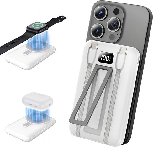 Portable Charger 10000mah Bank ، حزمة بطارية شحن سريع مع الكابلات المدمجة ، متوافقة مع iPhone و Samsung و Android و Apple Watch و Airpods و Magnetic Wireless Charging White in Saudi Arabia