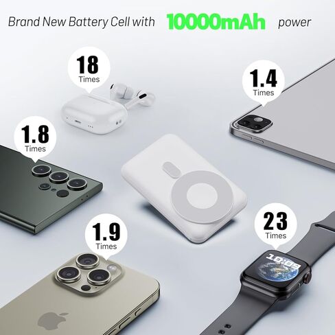 Portable Charger 10000mah Bank ، حزمة بطارية شحن سريع مع الكابلات المدمجة ، متوافقة مع iPhone و Samsung و Android و Apple Watch و Airpods و Magnetic Wireless Charging White in Saudi Arabia