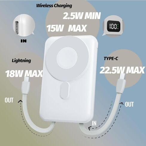 Portable Charger 10000mah Bank ، حزمة بطارية شحن سريع مع الكابلات المدمجة ، متوافقة مع iPhone و Samsung و Android و Apple Watch و Airpods و Magnetic Wireless Charging White in Saudi Arabia