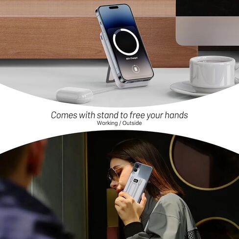 Portable Charger 10000mah Bank ، حزمة بطارية شحن سريع مع الكابلات المدمجة ، متوافقة مع iPhone و Samsung و Android و Apple Watch و Airpods و Magnetic Wireless Charging White in Saudi Arabia