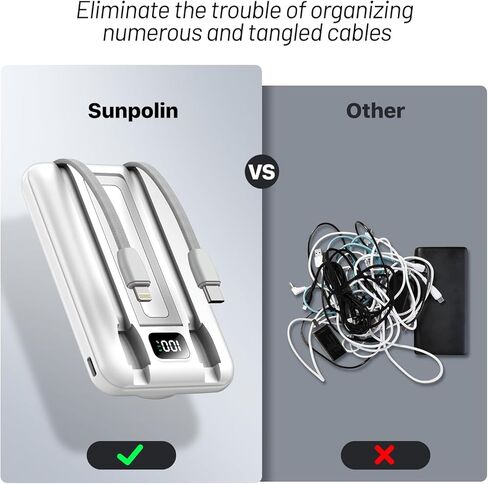 Portable Charger 10000mah Bank ، حزمة بطارية شحن سريع مع الكابلات المدمجة ، متوافقة مع iPhone و Samsung و Android و Apple Watch و Airpods و Magnetic Wireless Charging White in Saudi Arabia