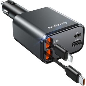 Retractable Car Charger【69W Fast Charging】 4 in 1 USB C Car Phone Charger Cigarette Lighter Adapter【180°Rotation】 iPhone Car Adapter Road Trip Essentials for iPhone 16 15 14 iPad Galaxy Pixel