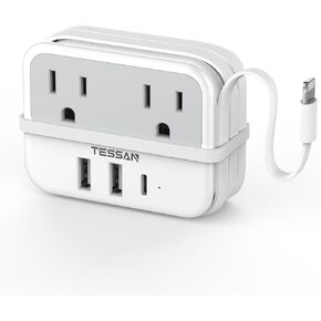 European Travel Plug Adapter, TESSAN Type C Power Adaptor Built-in 1 Lightning Cable, 2 Outlets and 3 USB(1 USB C) Ports for US to Most of Europe EU France Germany Spain Italy Iceland