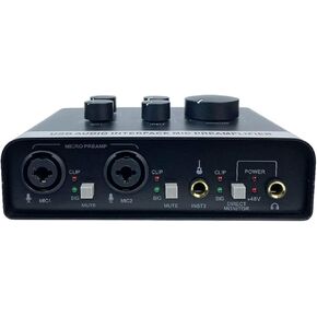Portable Sound Interface, 2 in 2 Out, XLR 1/4in Mic Preamplifier, Professional, Realtime Monitoring, USB Card for PC Recording, Podcasting, Streaming