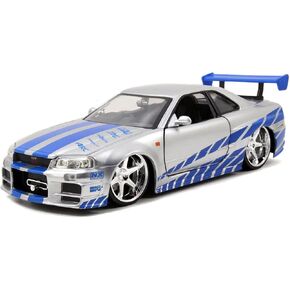 Jada Toys Fast & Furious Brian’s 2002 Nissan Skyline R34 Die-cast Car, 1:24 Scale, Silver & Blue