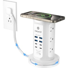 برج الطاقة ، Kakyanill Surge Protector Tower 10 AC Outlets 8 USB (4 USB C) ، سلك تمديد قابل للسحب 6 أقدام ، محطة شحن لغرفة النوم المكتبية ، أبيض