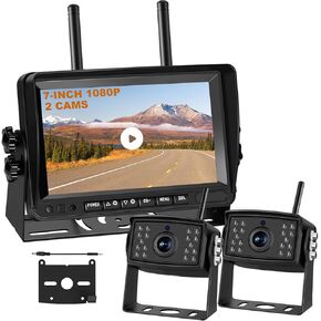 Dual Wireless Backup Camera System with 7" HD Monitor 1080P Rearview Cameras with Blind Spot Detection, IP68 Waterproof, Loop Recording for RV Truck Trailer 5th Wheels Horse Trailer Motorhome